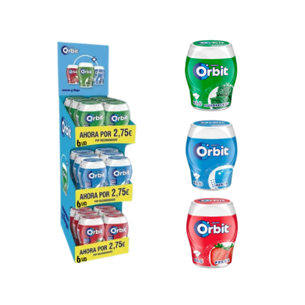 Expositor de Botes Grageas Chicles Orbit Sabores 46 Grageas (18 ud)