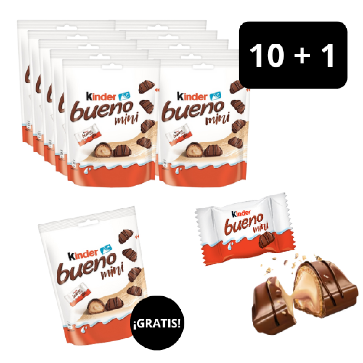 Bolsas de Kinder Bueno Chocolate Mini Barquillo de Avellanas 108 gr Promoción (10+1)