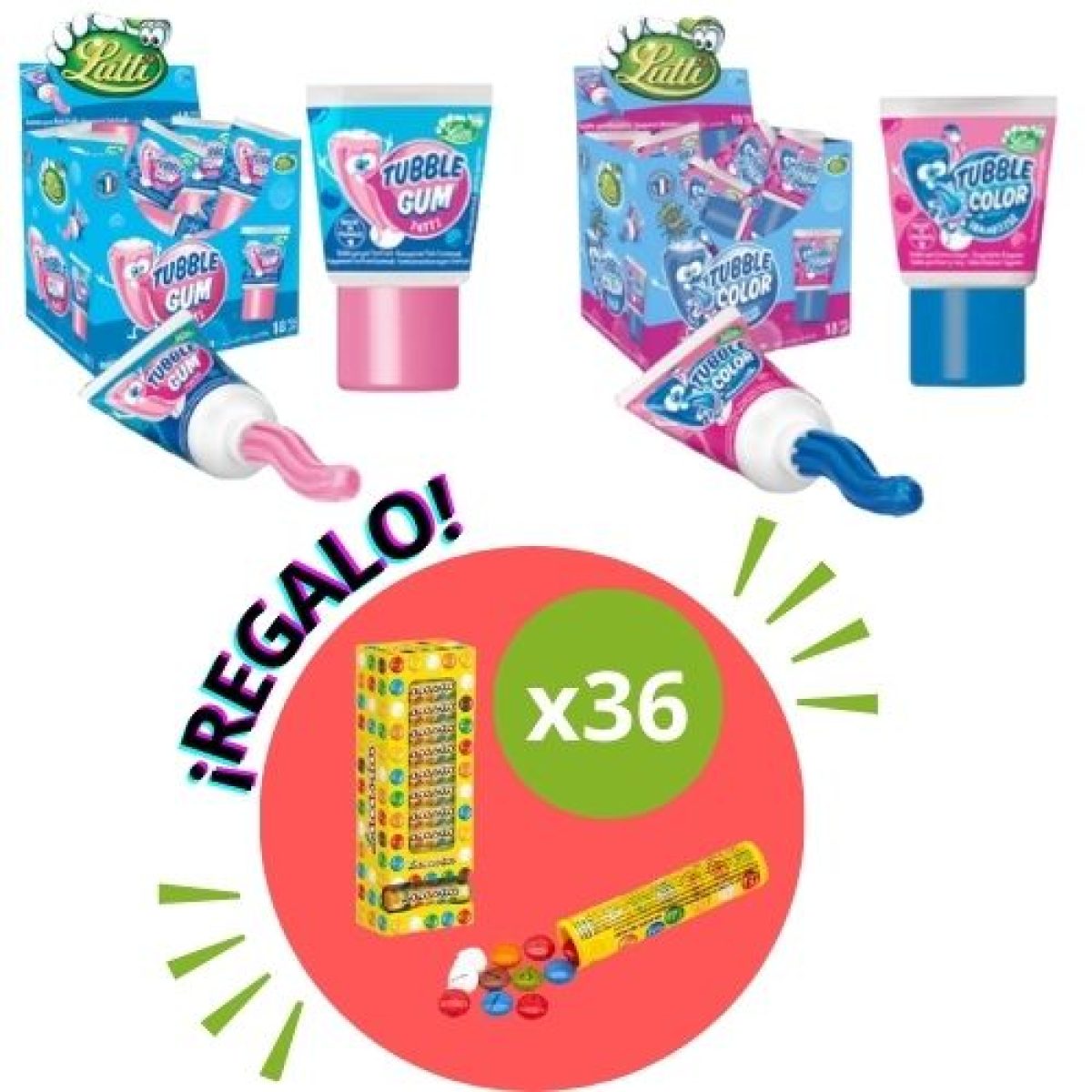 Lote de Chicles Tubble Gum Lutti y Grageas de Chocolate Lacasitos x72